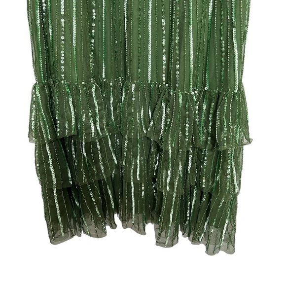 Mac Duggal Sequined Wrap Over Cap Sleeve Ruffle Hem Dress Sage Size 6 NEW - Picture 12 of 15